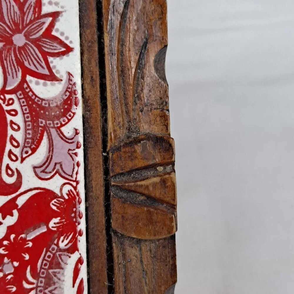 Vintage Red White Mexican Tile Wood Framed Trivet Feet Decor Decoration Kitchen
